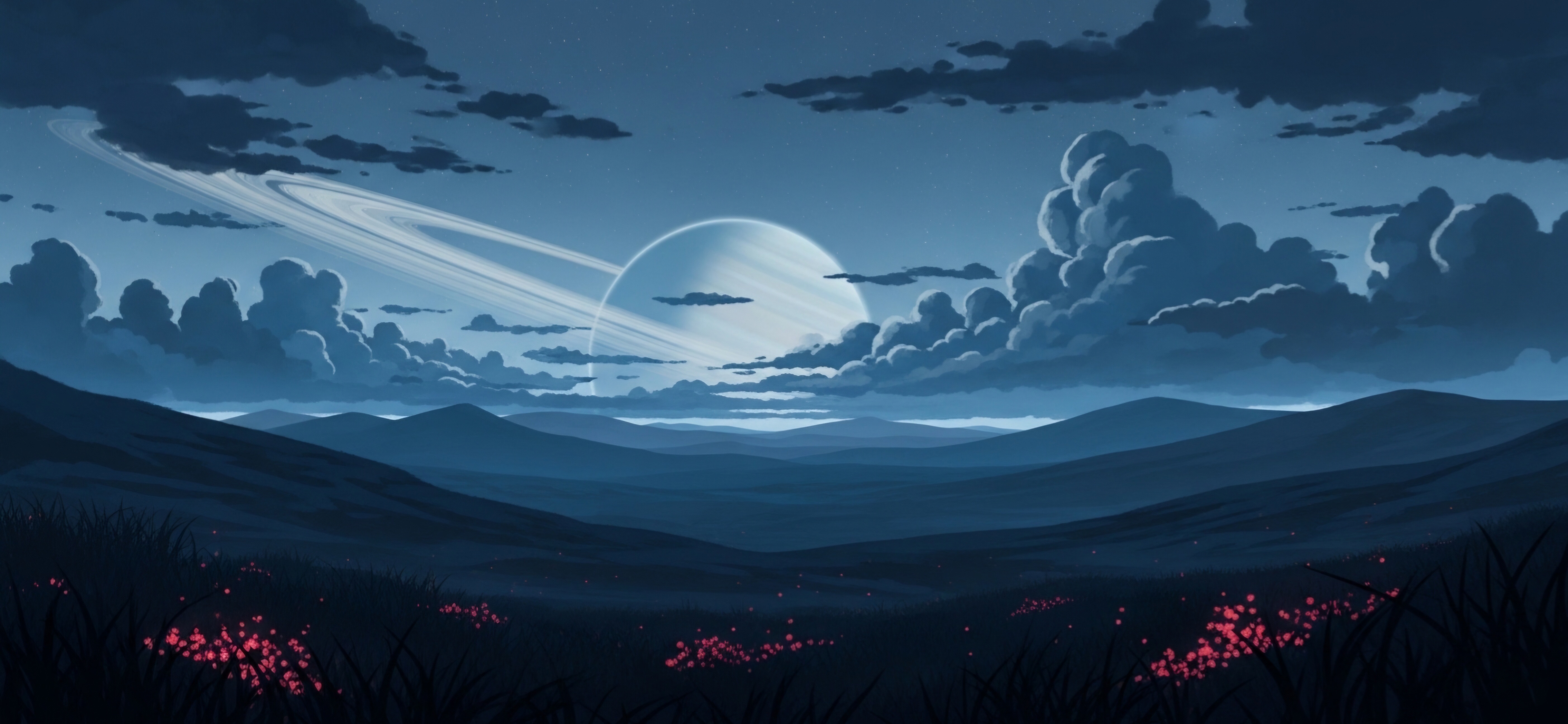Night sky with ringed planet